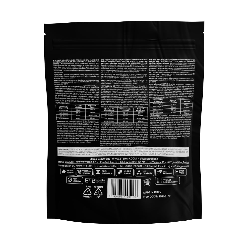 ETB Hair Professional Bright Blonde Szőkítőpor Plex formulával, Lila, 10 Szint Világosítással, Vegán formula, 500 g